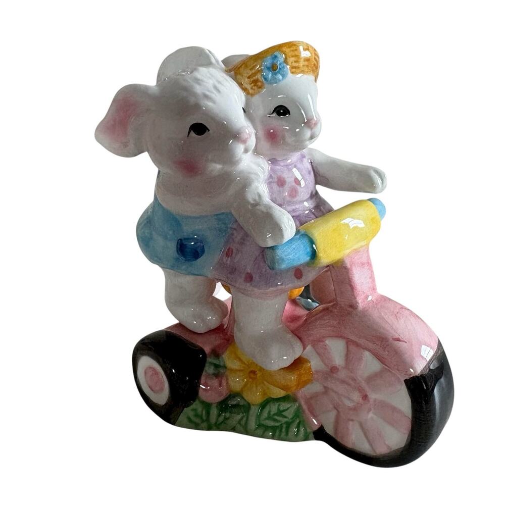 Vintage Bunny Couple on Bicycle Salt and Pepper Shakers Ceramic Pastel 4”